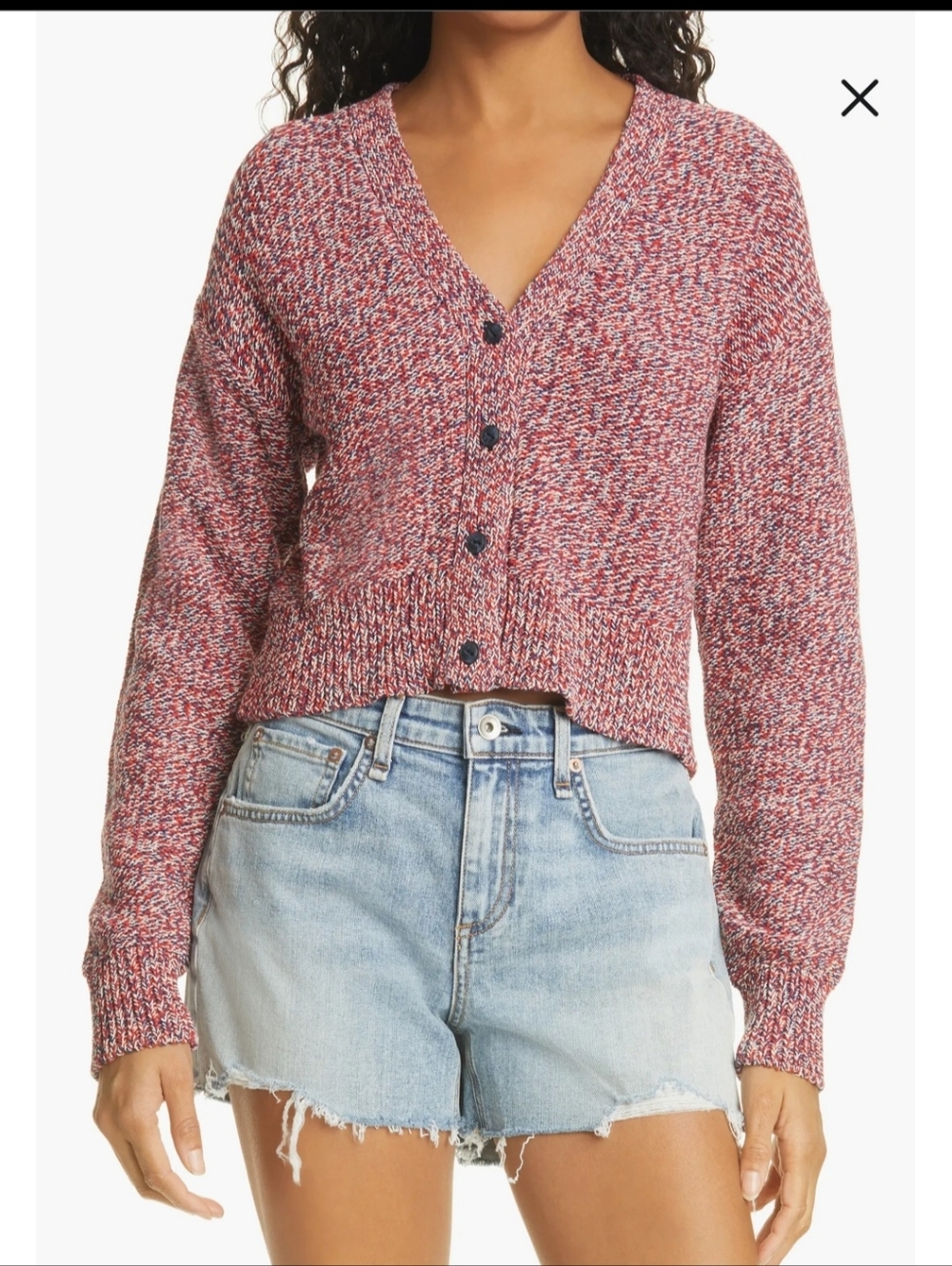 Rag & Bone Kara Red and White Speckled Knit Cotton Button Front Chunky Cardigan